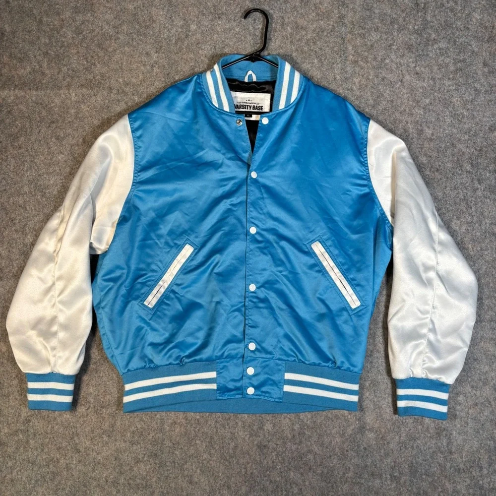 Varsity Base Bomber Jacket Mens XL Blue White Satin Letterman Collegiate Retro